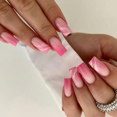 Imagem de Unhas postiças quadradas com gradiente vermelho e branco, comprimento médio, design simples, unhas postiças de acrílico, manicure para dia dos namorados, 24 peças, LL07