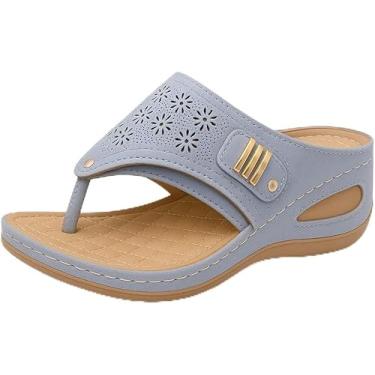 Imagem de Sandálias femininas casuais com suporte de arco e fivela e tira de fivela, chinelos femininos para verão, praia, banheiro, sapatos de couro à prova d'água, Azul claro, 35