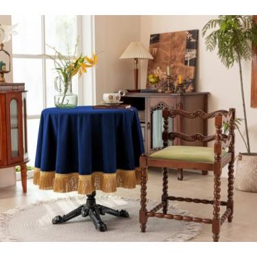 Imagem de F-CHU Toalha de mesa azul grossa de veludo com lindas borlas douradas, toalha de mesa vintage para decoração de casa, casamento, festa, banquete e eventos, redonda de 122 cm