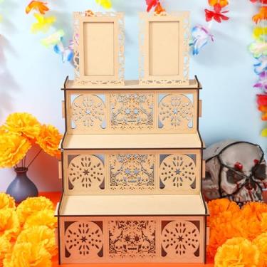 Imagem de MotiMind Porta-retrato Dia De Los Muertos 2 camadas, caixa de altar Ofrenda, crânios de açúcar de madeira compensada de álamo e Pan de Muerto Papel Picado, moldura de caixa de sombra autopintura