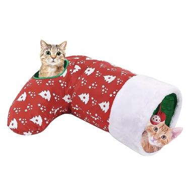 Imagem de Pawaboo Meia de Natal de túnel de gato com bolas de sino, brinquedo interativo de túnel de gato de duas vias atualizado, meia de Natal para animais de estimação com papel enrugado e moldura de aço de mola forte para gatinhos, árvore de Natal vermelha