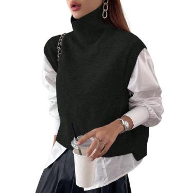 Imagem de Colete de suéter feminino Naileksi, gola alta, curto, algodão preto