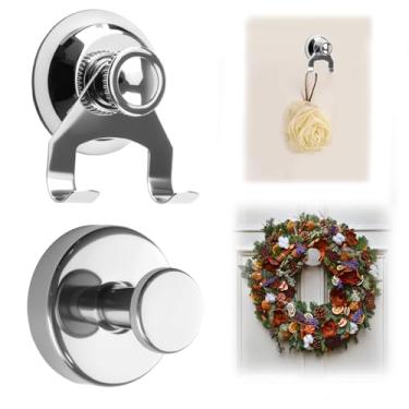 Imagem de MOROBOR 2 ganchos de ventosa à prova d'água, cabides prateados removíveis com ventosa, guirlanda, gancho de toalha de cozinha de aço inoxidável, suporte autoadesivo para banheiro, cozinha, entrada