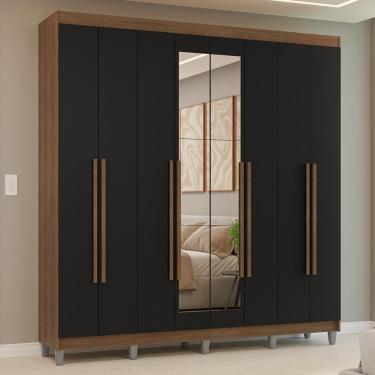 Imagem de Guarda-Roupa Casal com Pés 8 Portas Batentes com Espelho Rustic/Preto/Rustic Venus Madesa