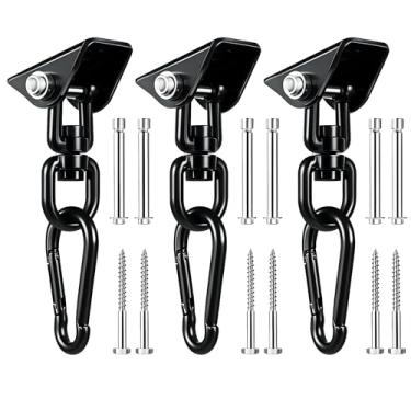 Imagem de Gancho giratório de 360° para suporte de teto, para cadeira e saco de pancadas, para ioga, balanço, ferragens, mosquetão, parafusos para uso interno e externo (preto, 3 peças)