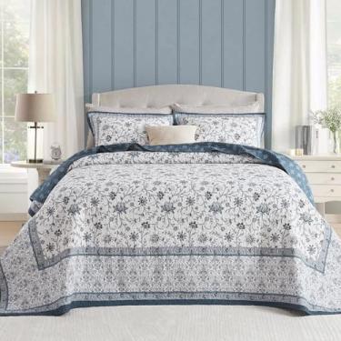 Imagem de QuiltMuse Colcha King Size 100% algodão 304,8 cm x 304,8 cm – Colcha King extragrande leve com 2 fronhas, capa de cama acolchoada com estampa botânica reversível, 3 peças, azul/branco
