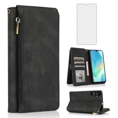 Imagem de Capa carteira compatível com Samsung Galaxy A16/A26 5G, protetor de tela de vidro temperado e zíper retrô de couro, suporte para cartão, acessórios para celular para A 16 26 16A 26A 4G SM-A166U preto
