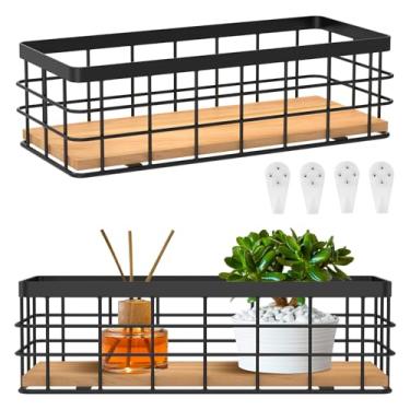 Imagem de 2 peças de cesta pequena de armazenamento de arame de metal, caixas organizadoras decorativas de base de madeira, cesta organizadora de armazenamento de base de madeira para armários de cozinha