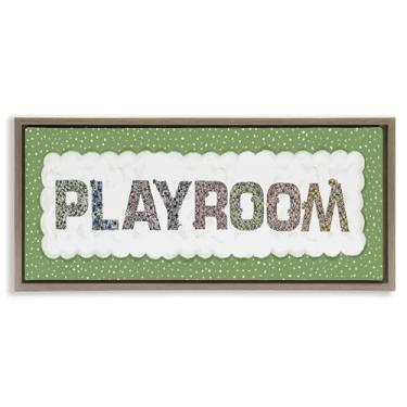 Imagem de Stupell Industries Arte de parede em tela flutuante marrom emoldurada para sala de jogos com borda verde, design de Jennifer Stith, 35,5 x 78,5 cm