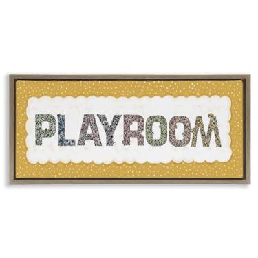 Imagem de Stupell Industries Arte de parede em tela flutuante emoldurada marrom para sala de jogos com borda amarela, design de Jennifer Stith, 28 x 63 cm