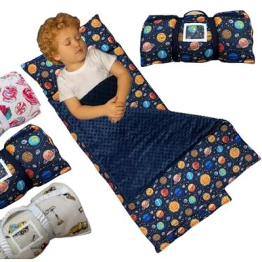 Imagem de ASFASA Tapete de cochilo infantil com travesseiro e cobertor, pré-escola, tapete de dormir para berçário, design de rolo portátil com alça, algodão ultramacio, lã, minky, lavável na máquina, adequado
