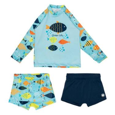 Imagem de Kit 1 Blusa Proteção Uv + 2 Sungas Forradas Infantil Praia - Fofotinho