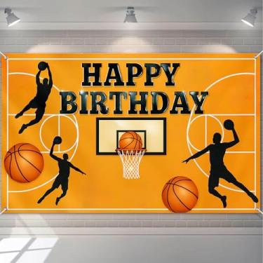 Imagem de HOMETITUTE Banner de Feliz Aniversário de Basquete com Bolas de Basquete e Cesta de Basquete para Tema Esportivo Festa de Aniversário Cenário Interno e Externo 71x43 Polegadas
