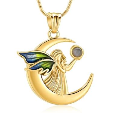 Imagem de AIWENXI Colares de urna de pedra da lua para mulheres e homens, pingente memorial de cremação em forma de anjo para cinzas de aço inoxidável com asas de arco-íris, Aço inoxidável, Sem Pedra Preciosa