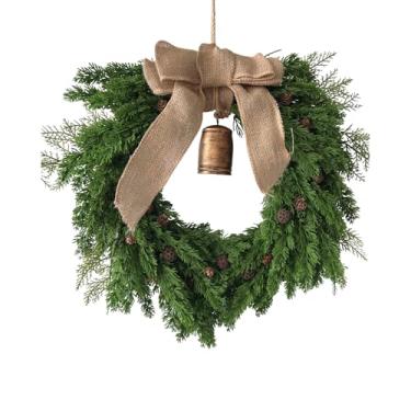 Imagem de LNGODEHO Guirlanda de vegetação artificial de 48 cm com sino e laço de serapilheira, guirlanda de folha de pinheiro realista com pinhas para Natal, casamento, decoração de casa