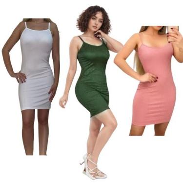 Imagem de KIT C/3 Vestidos Alcinha Canelado - Emporio J, Branco, Militar, Rose, 