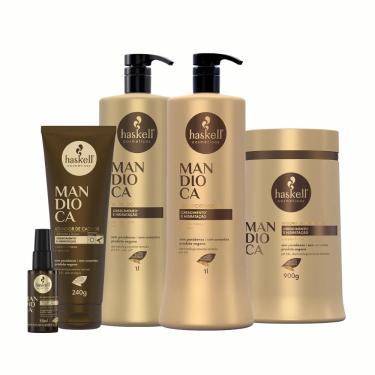 Imagem de Kit Haskell Mandioca Shampoo, Condicionador e Máscara 1L + Reparador e Ativador de Cachos