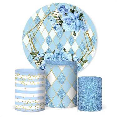 Imagem de Painel De Festa E Capa Cilindro Decora Flores Geométrico Azu