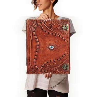 Imagem de TUZECH Cutomizable Hocus Pocus Livro de Feitiços Diário de Couro Terceiro Olho Deckle Edge Papel Grimório Diário Vintage Livro das Sombras Sete Chacras Antigo Feitiço Fecho Caderno de Feitiços Notebook Bruxa (25,4 x 33 cm)