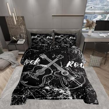 Imagem de Castle Fairy Conjuntos De Edredons Música Rock Roll Tamanho King, Cama Com Instrumento Guitarra Para Crianças, Meninos E Adolescentes, Alternativa Plumas Grafite Abstrato Retrô 2 Fronhas