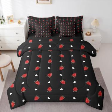 Imagem de Erosebridal Jogo de edredom kawaii casal de morango, tema de frutas fofas, cama de 7 peças em uma bolsa, lençóis e fronhas, vermelho e preto, conjunto de cama com estampa de coração, decoração de