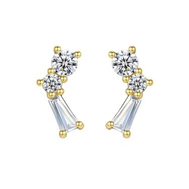 Imagem de Efashion Brincos geométricos simples banhados a ouro 14 K prata esterlina S925 para meninas com zircônia, Small, Ouro amarelo, Zircônia