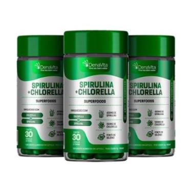 Imagem de Kit 3x Pote Spirulina Com Chlorela 2x1, Rico em Proteínas, Vitaminas B, Selênio, Vegano, Denavita-Unissex