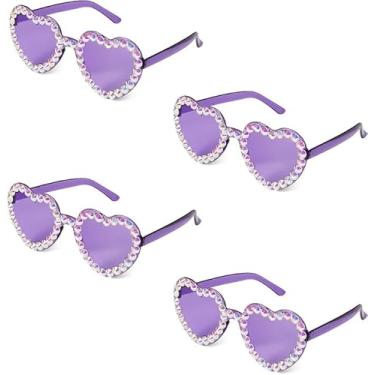 Imagem de 4 peças de óculos de sol sem aro em formato de coração, elegantes e grandes, com strass, sem aro para festas de aniversário femininas (roxo)
