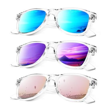Imagem de Óculos de sol polarizados para homens e mulheres, acabamento fosco, lentes espelhadas coloridas (pacote com 3), Armação transparente azul/roxo/rosa