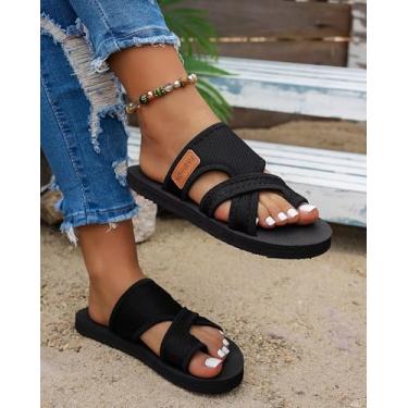 Imagem de Sandálias femininas leves com sola de espuma – Pantufas casuais de praia de bico aberto plus size com conforto na nuvem para pés largos, Preto, 35