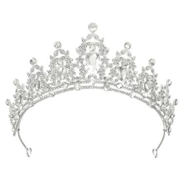 Imagem de Tiara feminina com coroa de cristal sintético, tiaras de strass de princesa, acessórios de cabelo cosplay, festa de aniversário de casamento, noiva, branco, prateado, 5.59"x2.36"(L*W), Strass, Strass