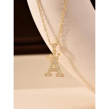 Imagem de 1 colar de coroa de diamante banhado a prata com letra A-Z para mulheres, joia fina, presente para mamãe, 40+6cm, Cobre, Sem Pedra Preciosa