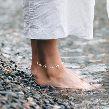 Imagem de Tornozeleiras coloridas com olho turco para mulheres, banhadas a ouro 14K, hipoalergênicas, ajustáveis, presente de praia moderno, Medium, Latão, Sem Pedra Preciosa