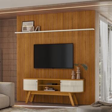 Imagem de Painel TV 75 Pol 238cm Ripado Kalven com Rack Bancada Enzari Cinamomo/Off White M20 - D'Rossi