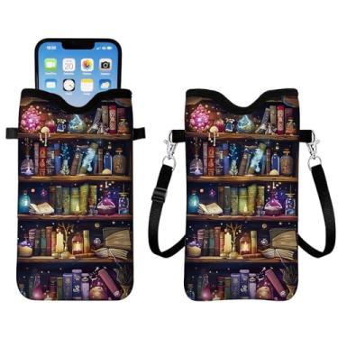 Imagem de Ialtsidws Magical Bookshelf neoprene bolsa para celular para mulheres, manga leve com alça transversal cordão de pescoço, bolsa para celular presentes para meninas Natal aniversário 7 x 9,9 cm