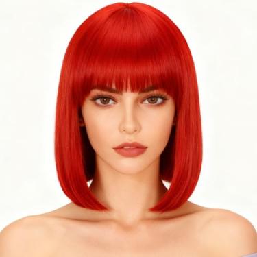 Imagem de Peruca bob curta vermelha com franja, perucas sintéticas de cabelo liso para mulheres, cosplay de 35,5 cm, peruca bob (vermelha)