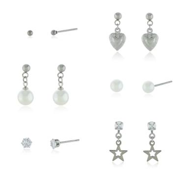 Imagem de Kit 6 Pares de Brincos Aço Inoxidável Conjunto Semaninha Semijoias Antialérgica