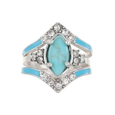 Imagem de Conjunto de anéis de cristal turquesa vintage - Conjunto de 3 anéis de casamento para mulheres, tom dourado/tom prateado, estilo boêmio, Metal