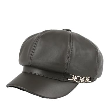 Imagem de Chapéu feminino octogonal de inverno britânico retrô boina de couro genuíno mujer flores douradas gorros cinza 9 estilo 2 57 58 cm