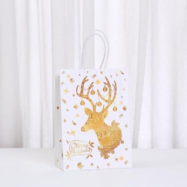 Imagem de 1 pacote de presente com padrão de rena de Natal platinado, saco de papel kraft premium com alça ideal para festas de fim de ano, celebrações de ano novo e presentes de casamento