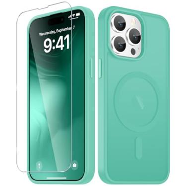 Imagem de YENAPOON Capa para iPhone 15 Pro Max, capa magnética fosca [com 1 protetor de tela] [suporte para MagSafe] [proteção de grau militar à prova de choque] Traseira fosca translúcida, azul-petróleo