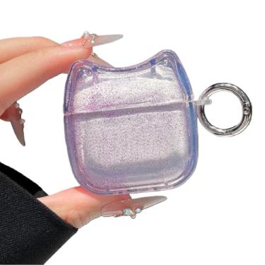 Imagem de Capa de fone de ouvido transparente com glitter super bonita para AirPods Pro 3 (2025), linda capa de silicone TPU macio com rosto de gato, capa protetora de orelha de gatinho - roxa