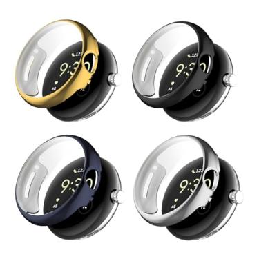 Imagem de Pacote com 4 capas compatíveis com o relógio Google Pixel Watch 2/Pixel com película de vidro temperado, capa protetora de proteção contra choques de relógio de cobertura total de TPU para Google Pixel Watch 2/1