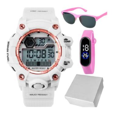 Imagem de Relógio Infantil Menina Digital Pulseira Ajustável Resistente à Água Robusto Branco Acompanha Caixa Bracelete Digital e Óculos de Sol com Proteção UV — 3 Peças + 1 Caixa Presente