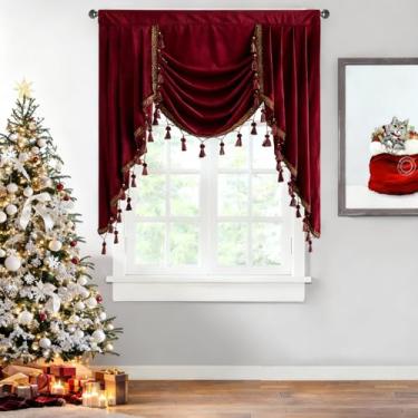 Imagem de StangH Cortina de veludo vermelho de Natal – Decoração de luxo blackout cascata para teatro Rod Pocket Room Cortinas de janela escurecendo para quarto/banheiro, L99 polegadas, 1 painel