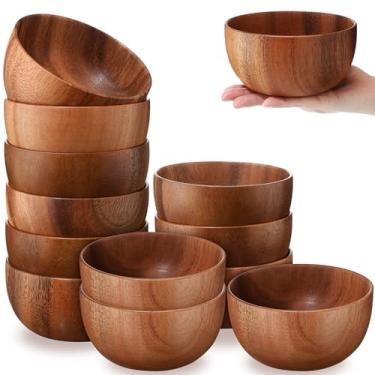 Imagem de Skylety 12 tigelas de madeira de acácia de 12,7 cm pequenas tigelas de cabaça redondas de madeira para salada de cabaça esculpida à mão para servir pipoca, macarrão, doce, cereal, molho de nozes de