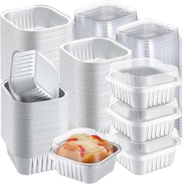 Imagem de Gandeer Pacote com 200 copos quadrados de 142 g com tampas, mini formas de bolo de folha de alumínio, latas de ramequins descartáveis, recipientes de sobremesa, formas de cupcake para suflê, casamento