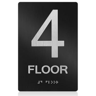 Imagem de Otoolling Placa de 4º andar com fita dupla face placa numérica de alumínio para porta 15,24 cm x 23 cm preto prata para casa apartamento escritórios porta elevador