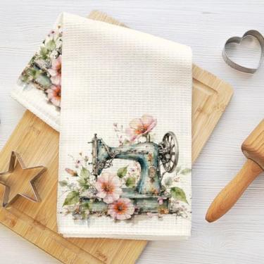 Imagem de Máquina de costura vintage e toalhas de cozinha com padrão floral, toalha de prato decorativa de microfibra absorvente, toalhas de mão de waffle para cozinha, casa de banho, presentes de inauguração