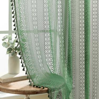 Imagem de Cortinas boêmias verde-escuras 213 cm de comprimento, 2 painéis, L 152 x C 213 cm, listras geométricas de crochê, cortinas de renda para casa de fazenda, com borlas, bolso para varão, privacidade
